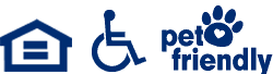 Black icons to represent equal housing opportunities including a black house with an equal sign on it, a black handicap wheelchair icon, and a black pet-friendly icon with a paw print